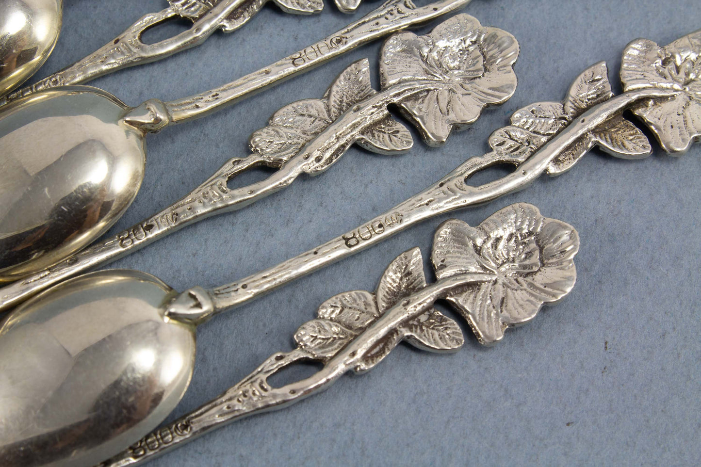 7 Mokkalöffel aus 800er Silber, Espressolöffel mit Rosen, Widmann