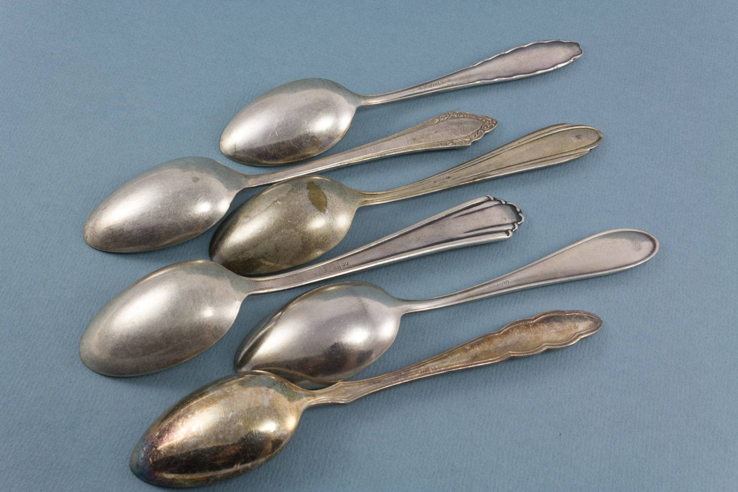 6 versilberte Teelöffel, Mix and Match, Shabby Chic, Mismatched, Vintage Löffel, Jugendstil