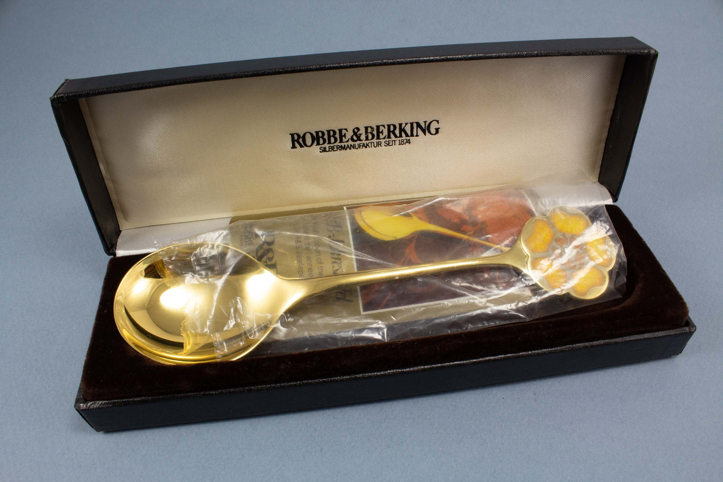 Robbe und Berking Jahreslöffel von 1980, gelbe Blume, silberner Löffel, 925er Silber, hartvergoldet, Lucia-Löffel, Sammellöffel