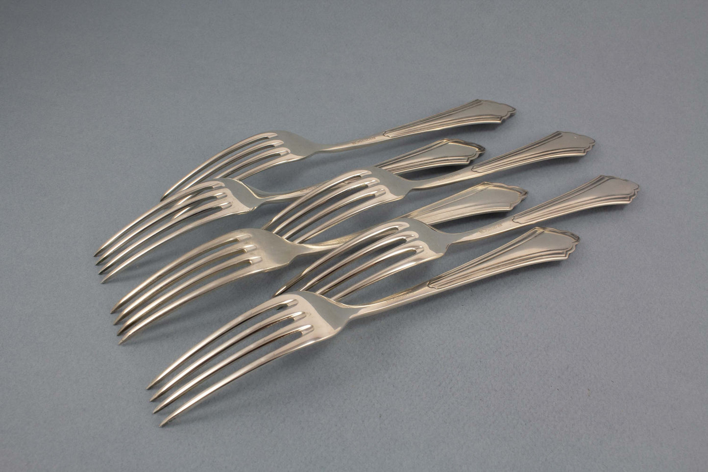 6 wunderschöne Dessertgabeln, Fächermuster, Jugendstil, WMF 900