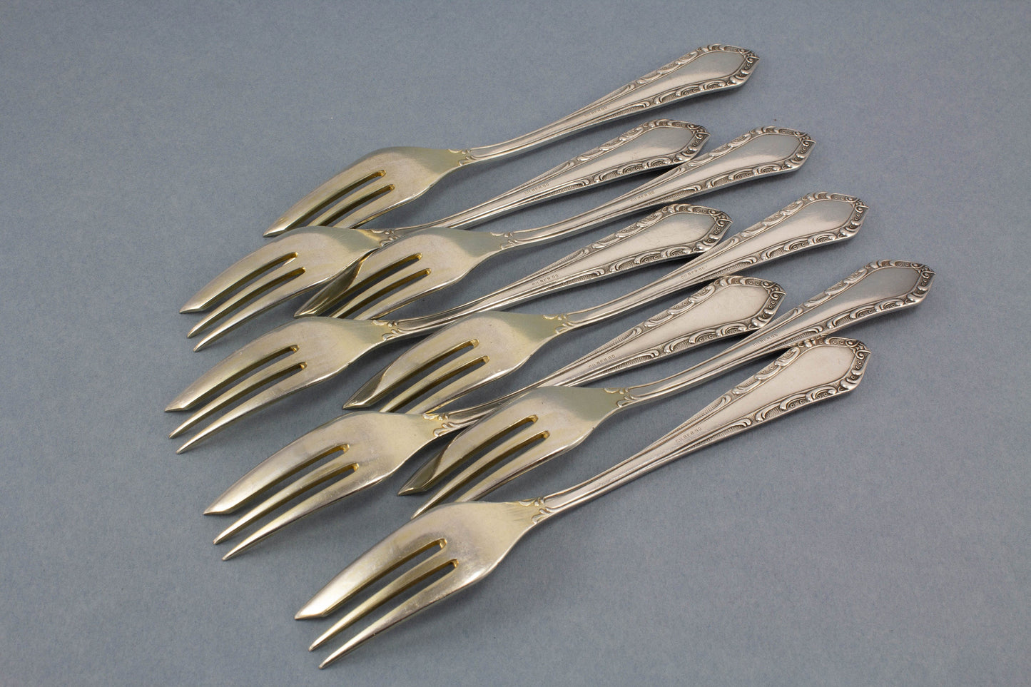 6 versilberte Kuchengabeln, Jugendstil