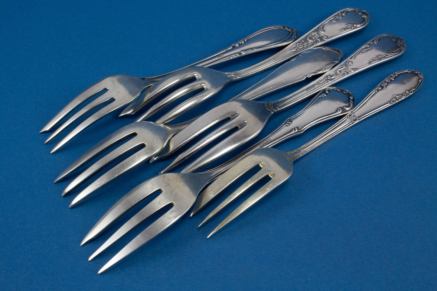 6 silver plated cake forks with mismatched patterns, shabby chic