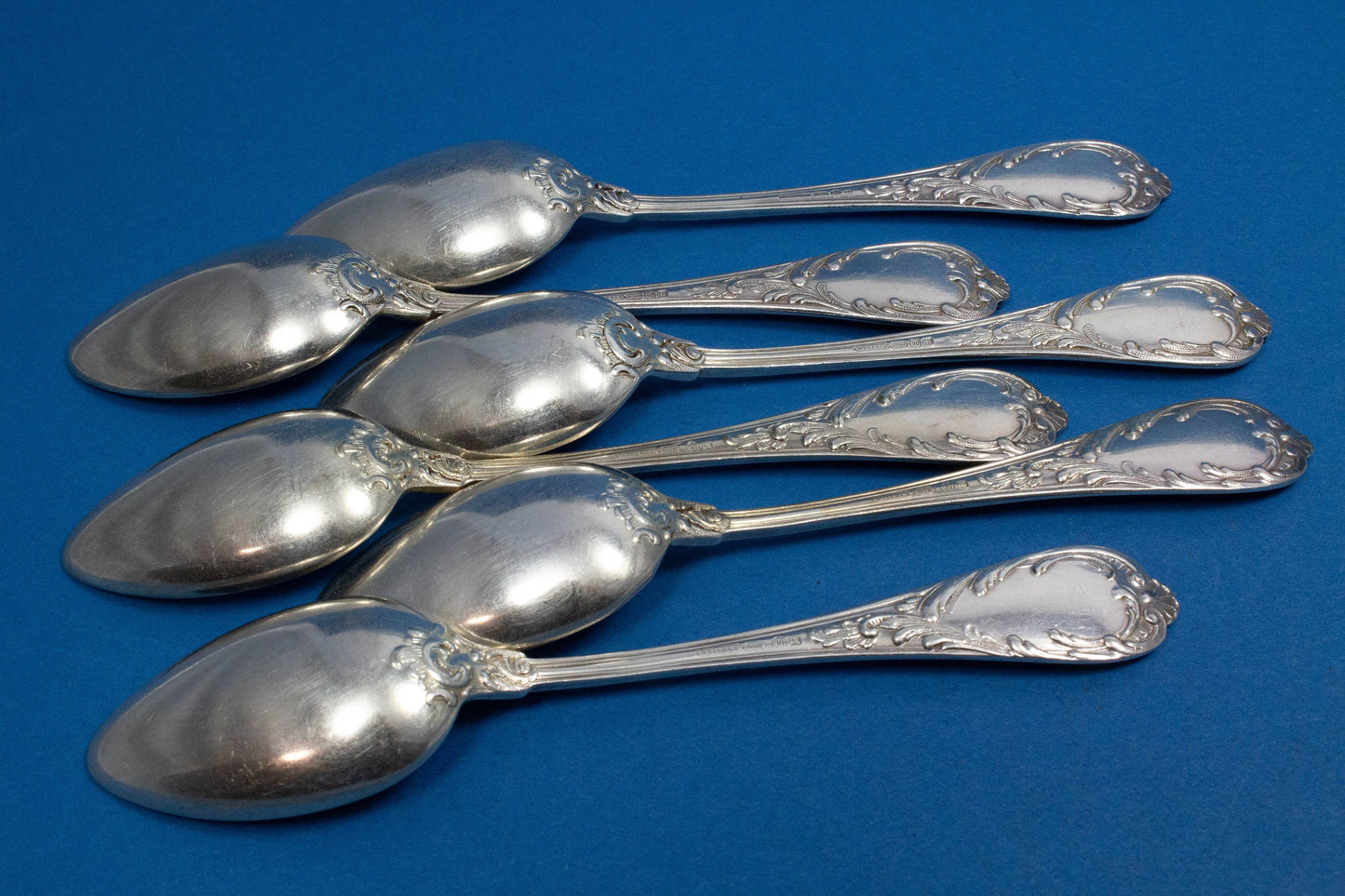 6 versilberte Teelöffel von Wellner, Rokokomuster