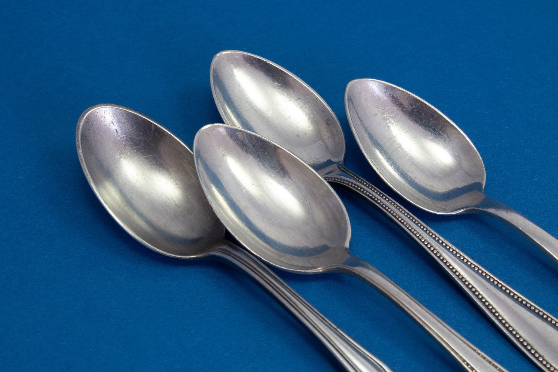 4 silver plated mocha spoons with mismatched patterns, shabby chic, engraved