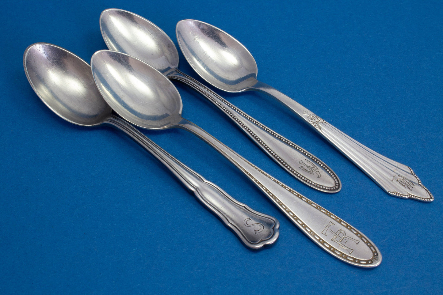 4 silver plated mocha spoons with mismatched patterns, shabby chic, engraved