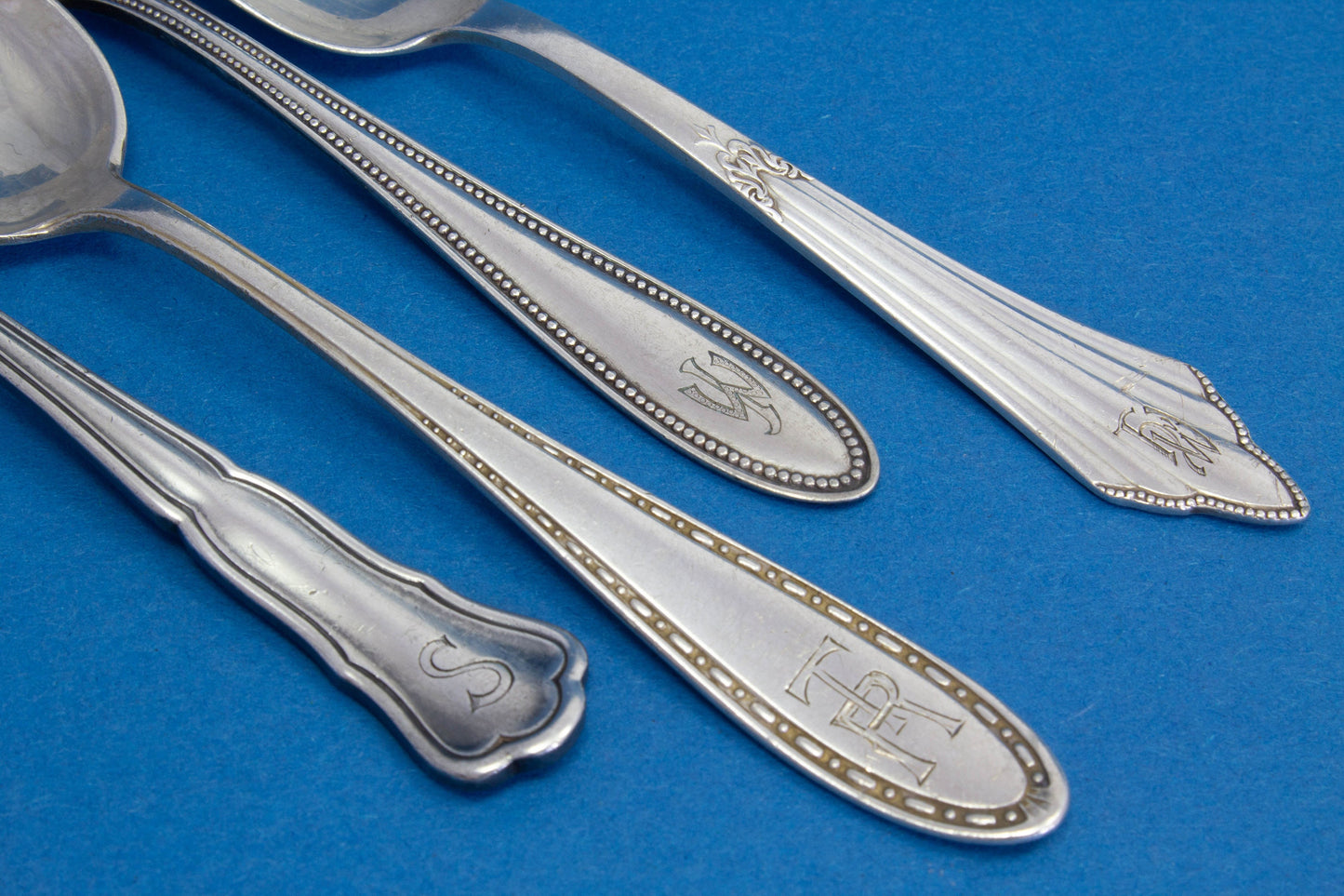 4 silver plated mocha spoons with mismatched patterns, shabby chic, engraved