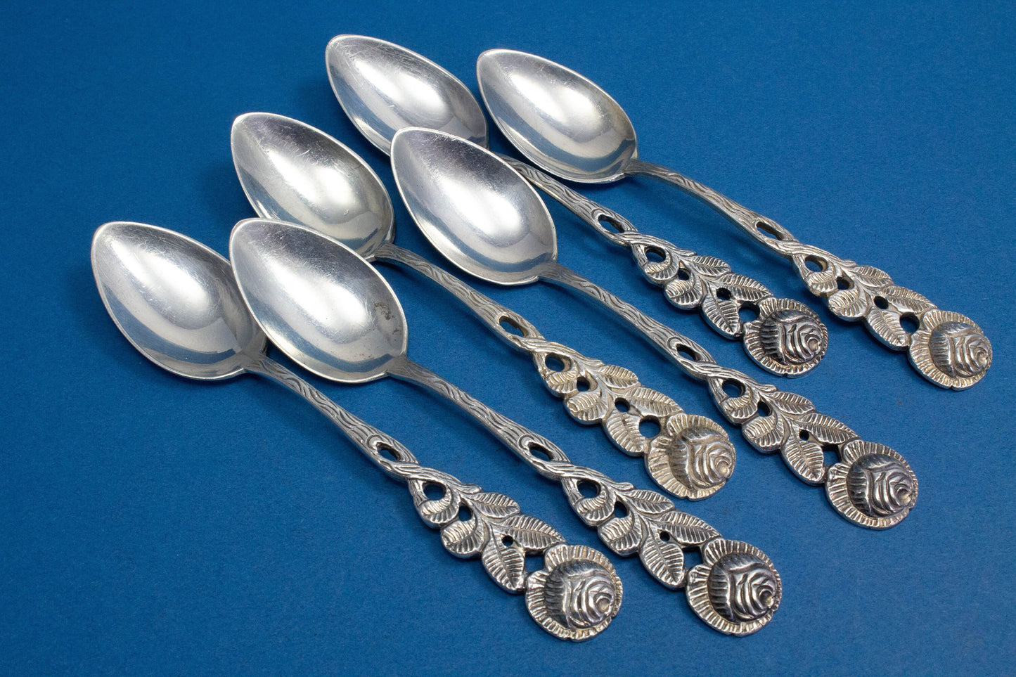 6 mocha spoons with roses, silver plated, silverware