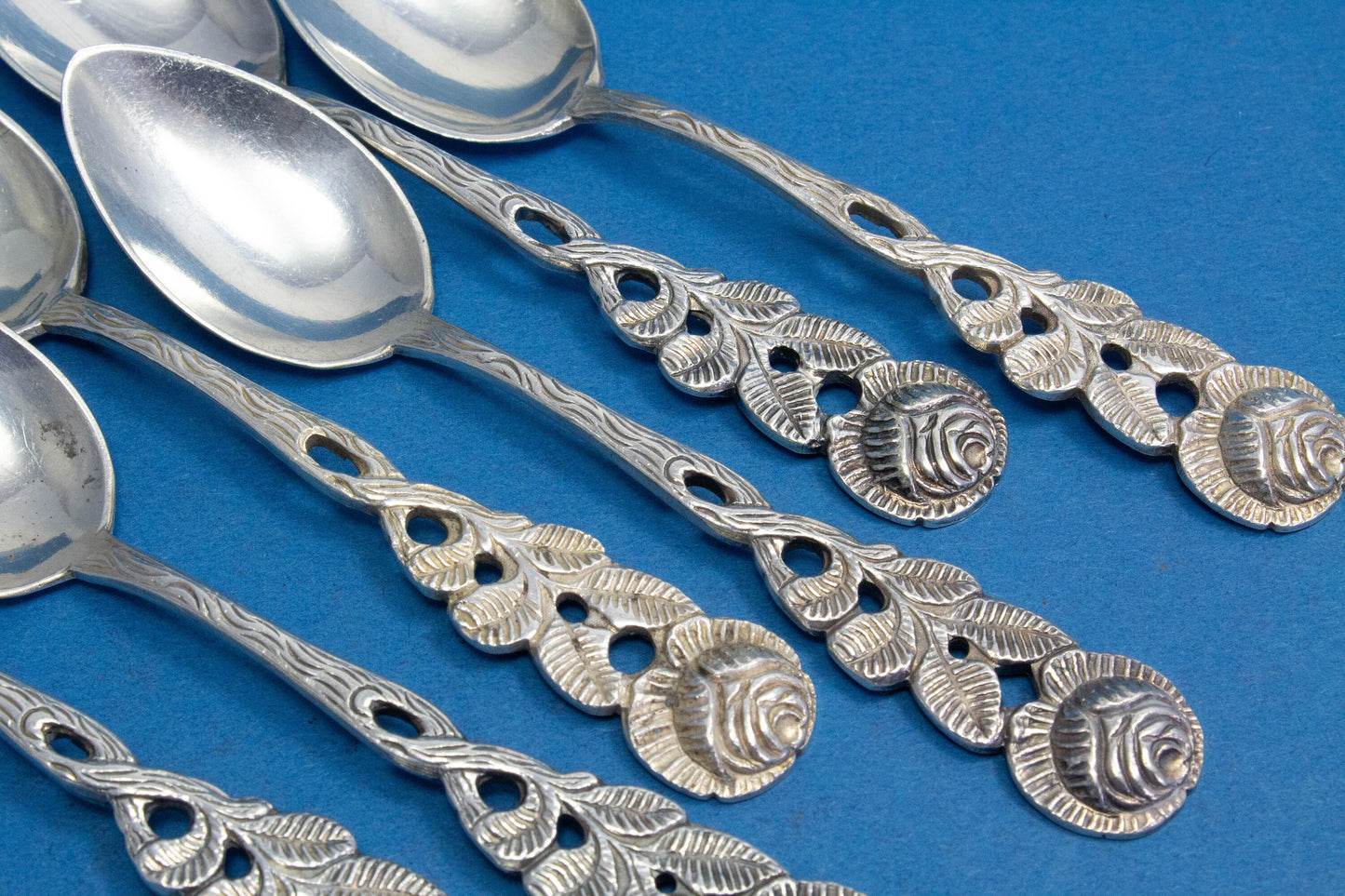 6 mocha spoons with roses, silver plated, silverware