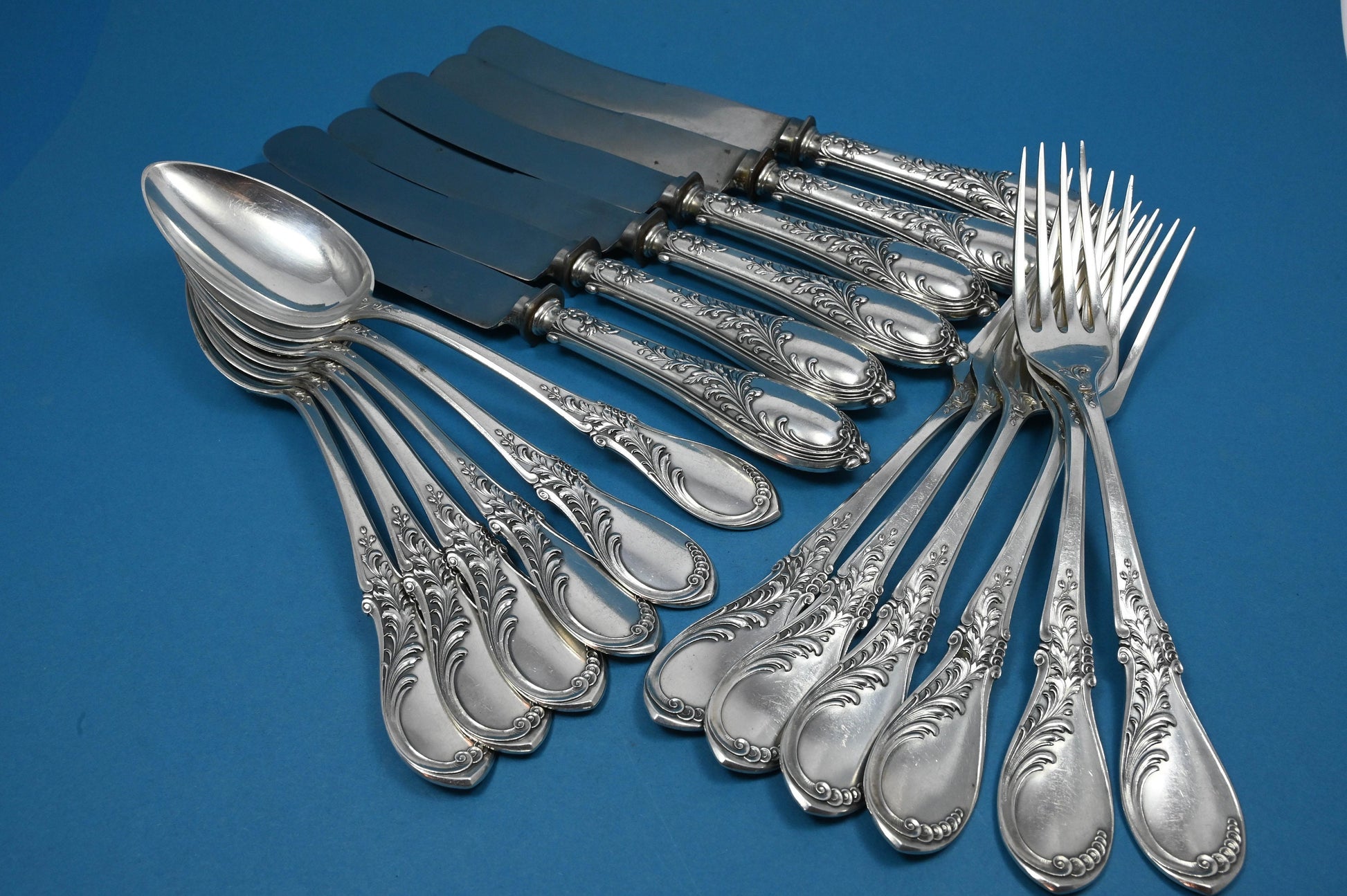 Antikes Tafelbesteck für 6 im Jugendstil von Lutz und Weiss, 800er Silber, Löffel, Gabel, Messer