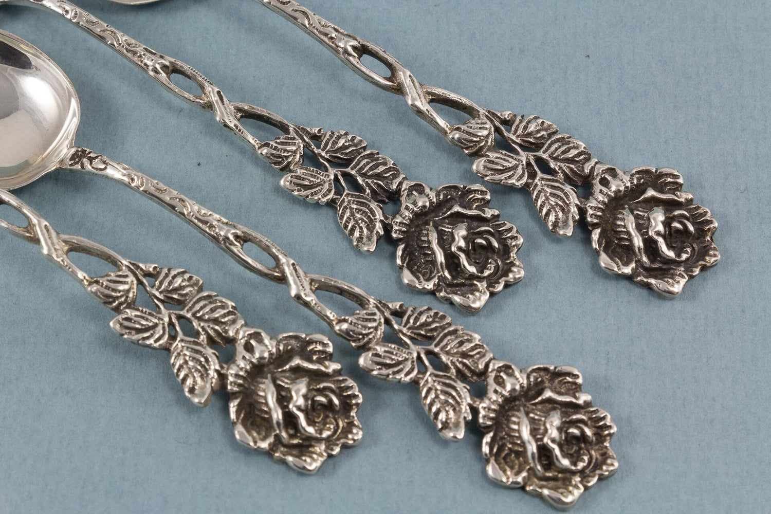 4 mocha spoons made of 835er silver, espresso spoon with roses 