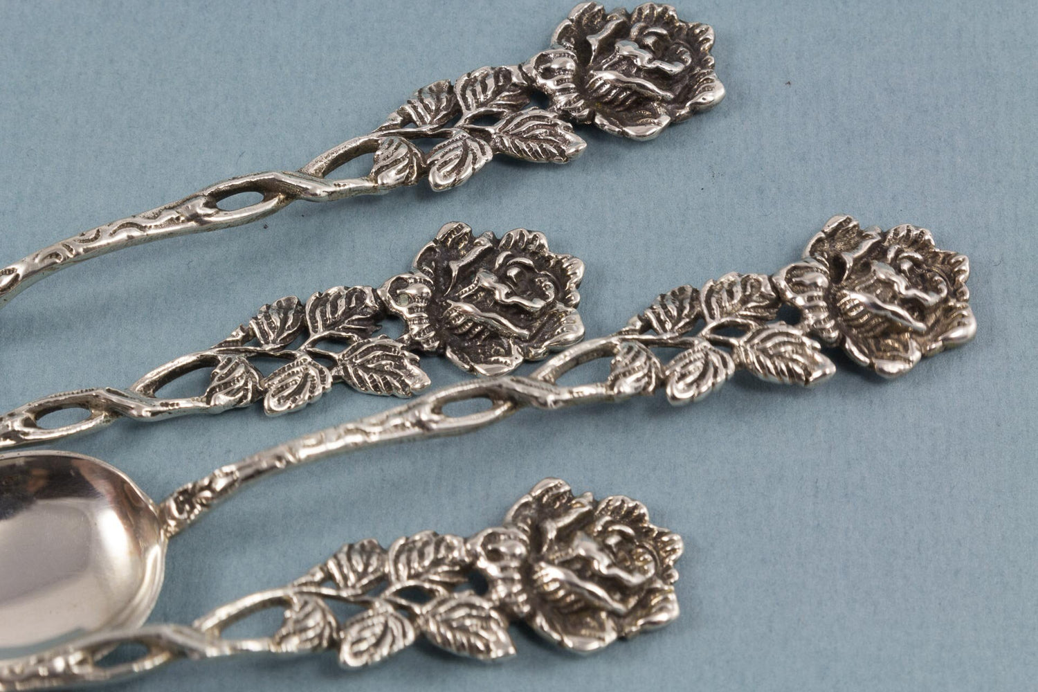 4 mocha spoons made of 835er silver, espresso spoon with roses 