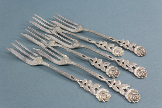 6 Kuchengabeln mit Rosenmuster, versilberte Gabeln, Vintagebesteck