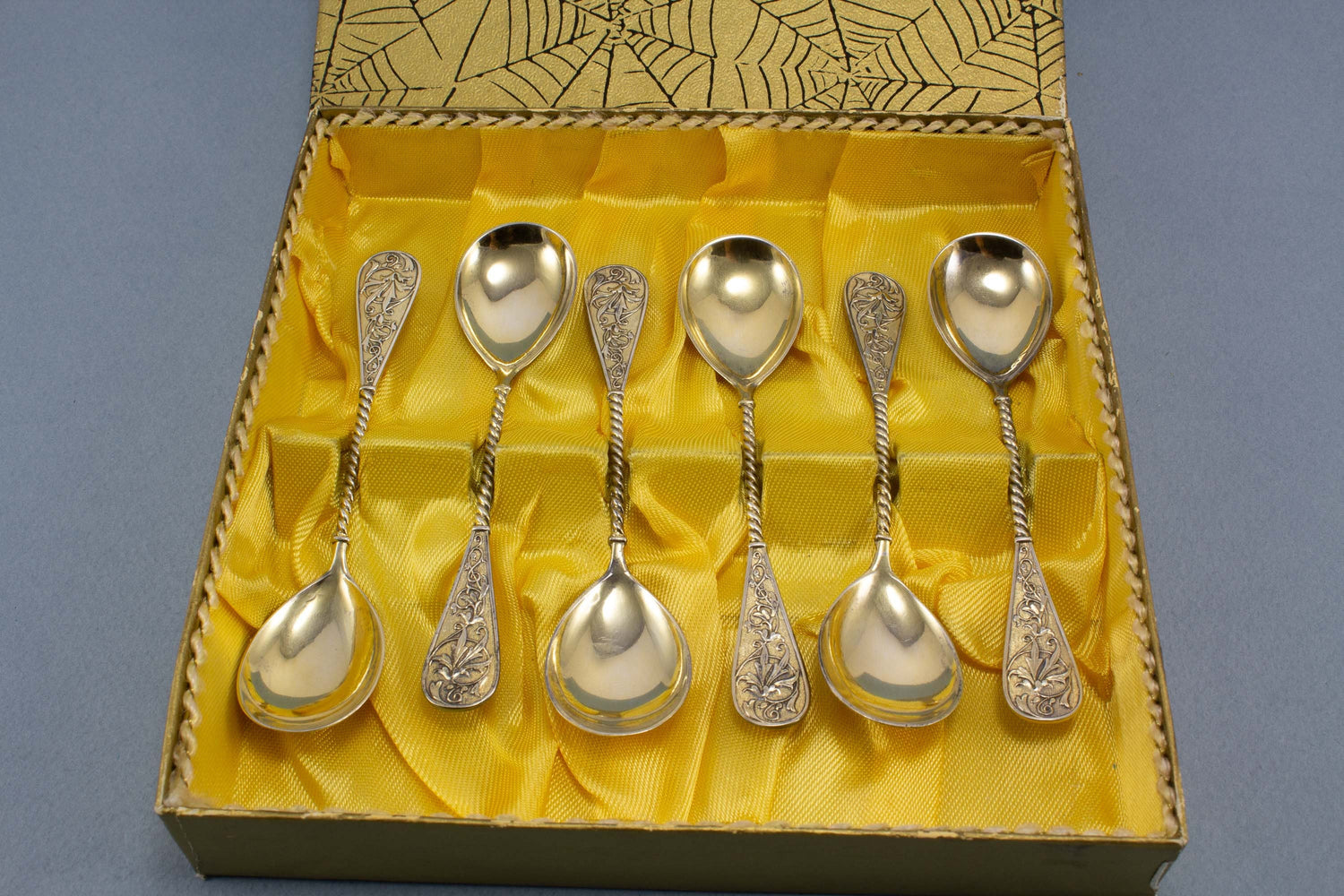 6 antike Eierlöffel aus 800er Silber, vergoldet, florales Jugendstil Muster, um 1900, Silberbesteck, M.J. Rückert