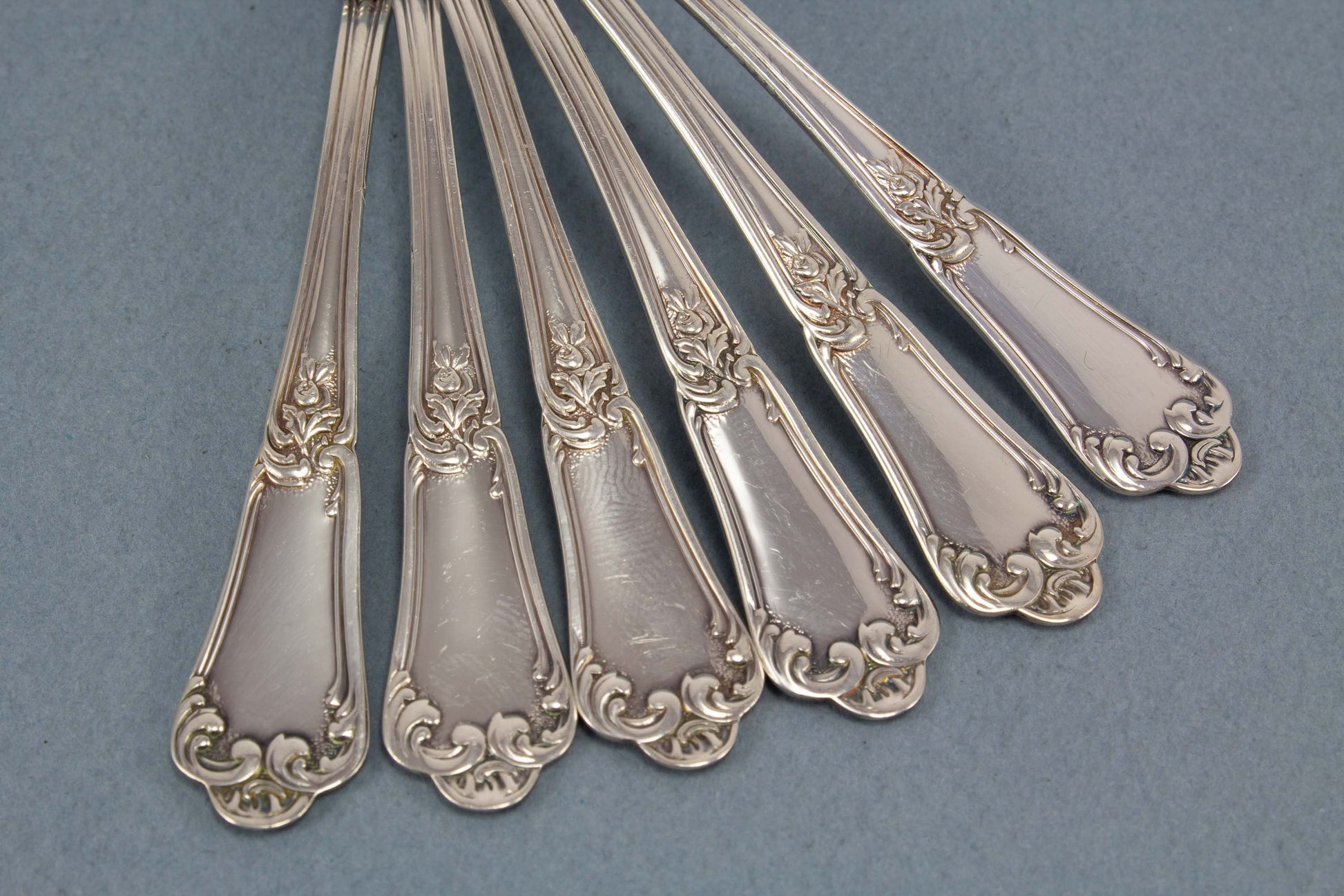 6 Mokkalöffel aus 800er Silber, Rokoko Muster, Silberbesteck aus Padova, Italien