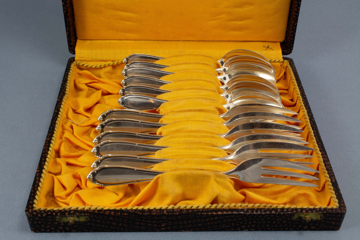 Silberne Kuchengabeln und Teelöffel von BSF, 800er Silber, Fackel, Halbmond + Krone, Besteck Set für 6 Personen