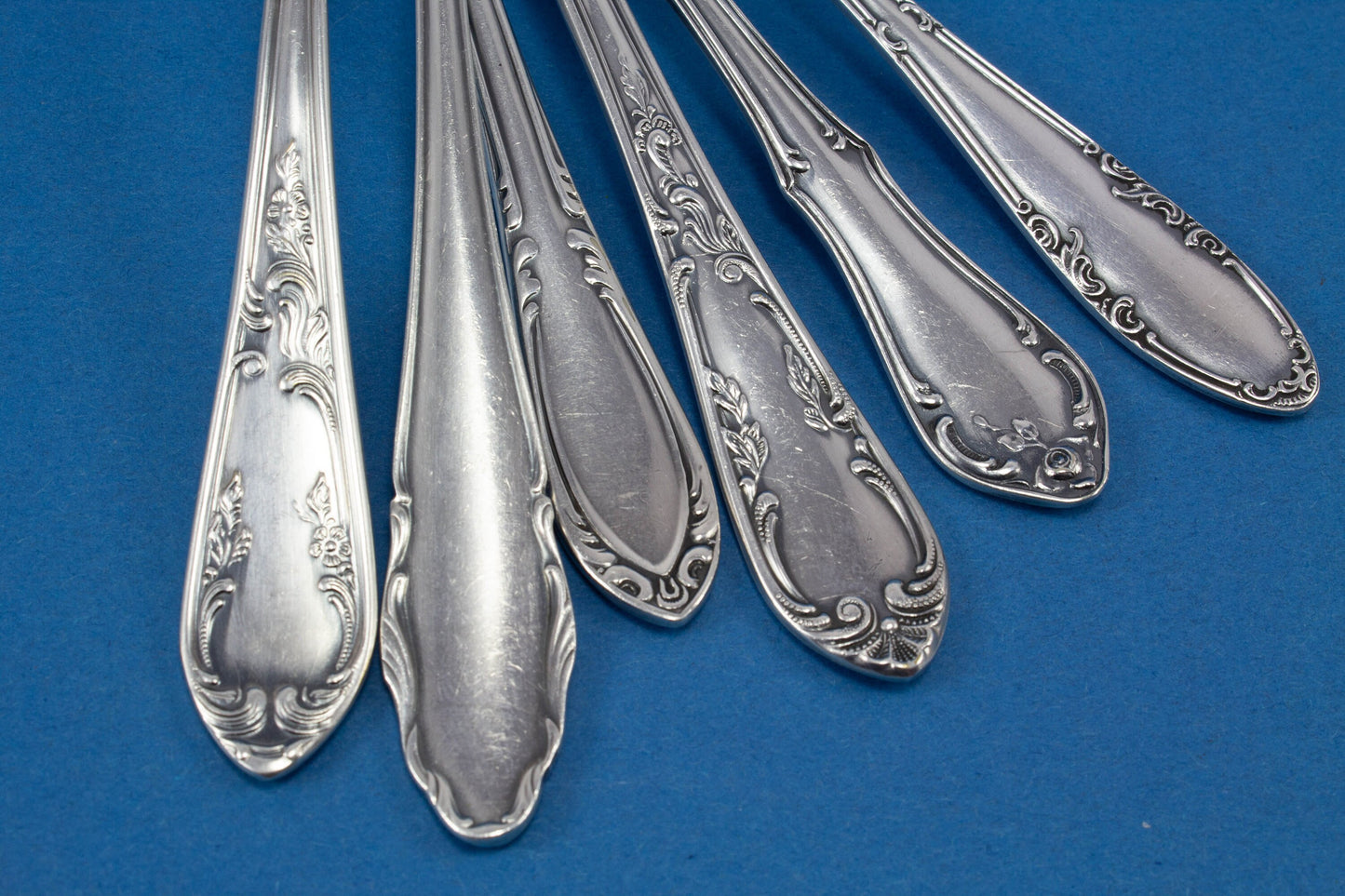6 silver plated cake forks with mismatched patterns, shabby chic 