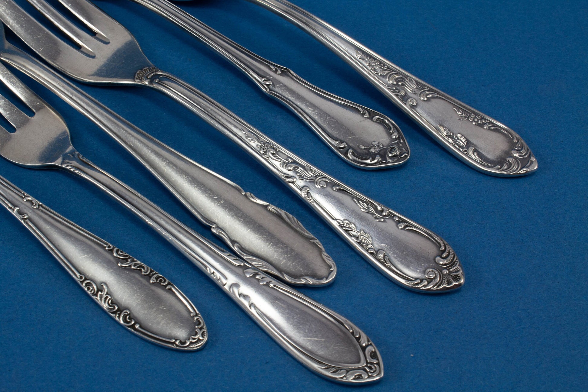 6 silver plated cake forks with mismatched patterns, shabby chic 