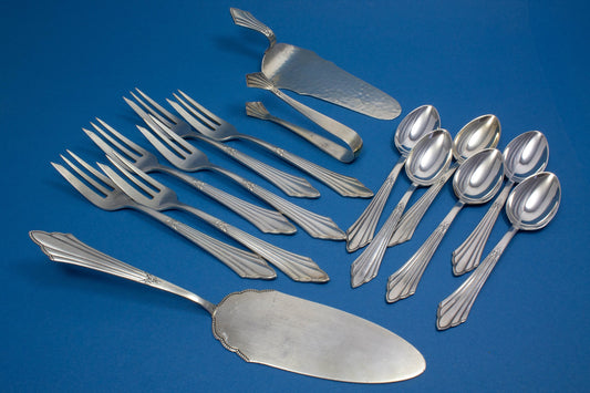 Großes Besteck Set für 6 Personen im Fächermuster, 2 Tortenheber, Zuckerzange, 6 Teelöffel, 6 Kuchengabeln, WMF 900 Fächer