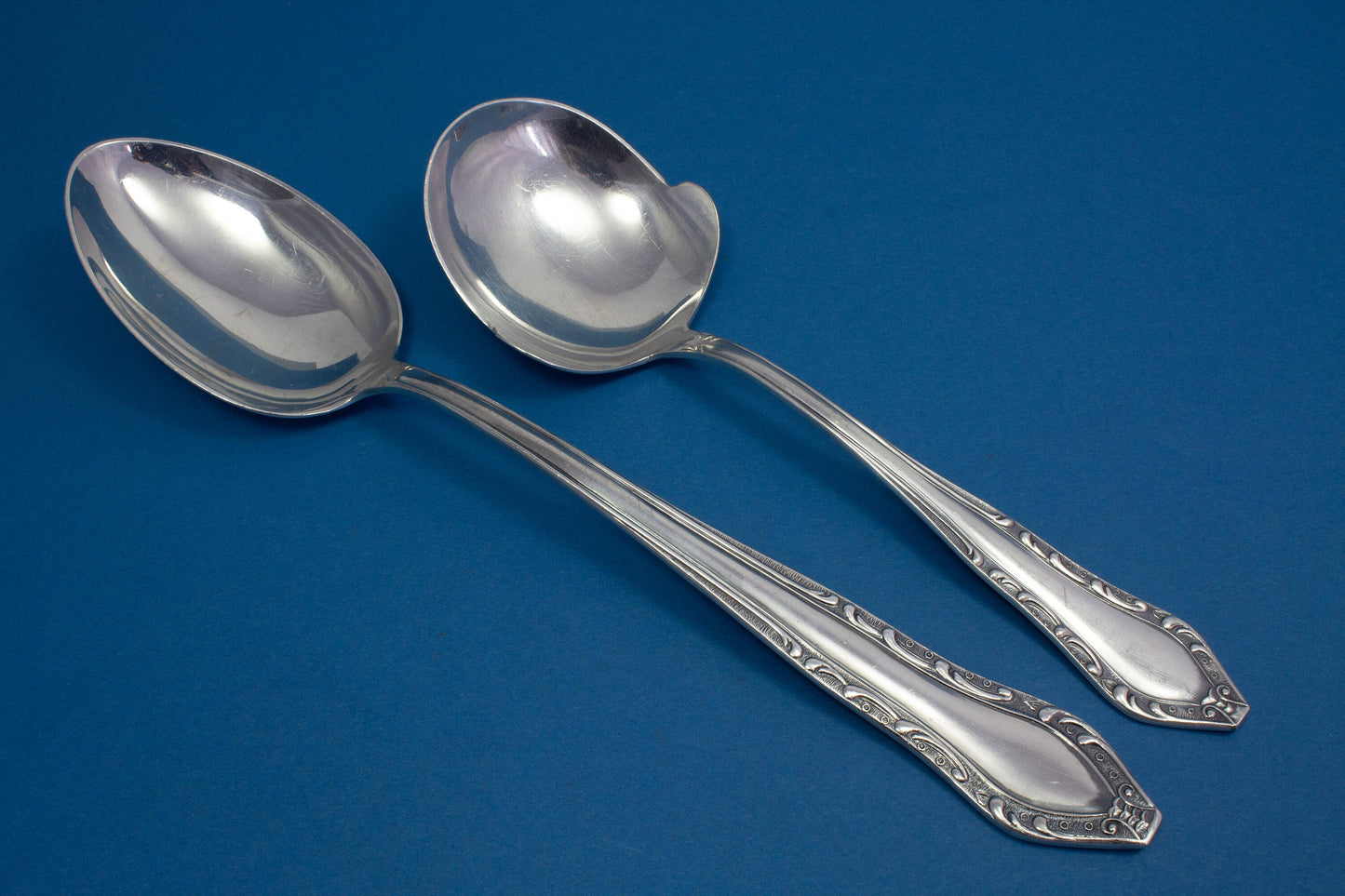 Large vegetable spoon with matching potato spoon, Rococo, silver-plated serving spoon