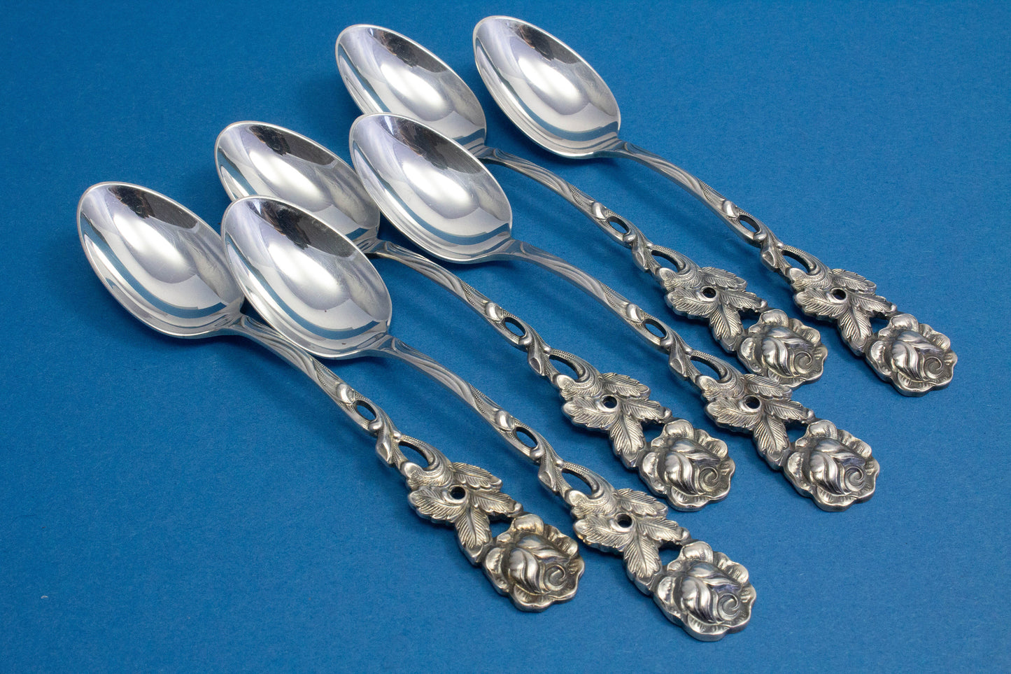 6 mocha spoons with roses, silver plated