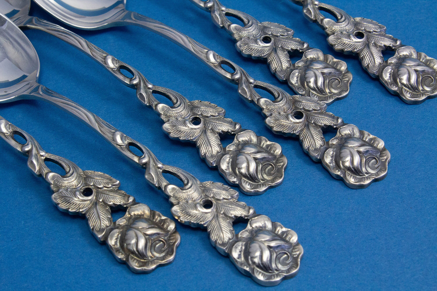 6 mocha spoons with roses, silver plated