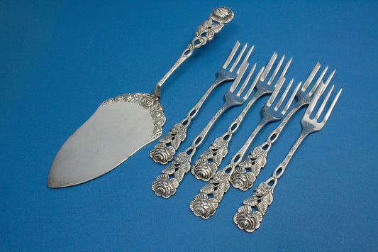 Versilbertes Tortenheber Set mit Kuchengabeln, Hildesheimer Rose